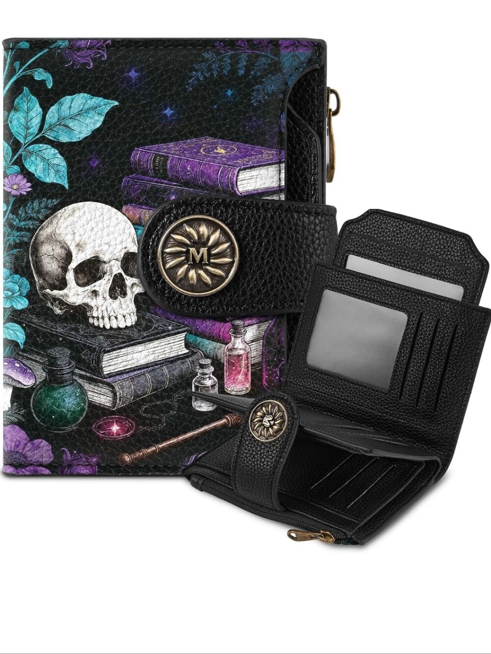 Black Purple Floral Skull Card Wallet - Compact Cardholder Wallet